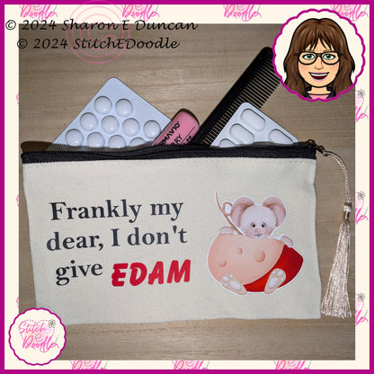 Secret Santa, Pencil case, Make up bag, Coin purse etc with tassel.  'Frankly my dear, I don't give Edam'. Original artwork by Sharon Duncan