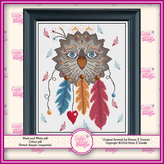 Dream Catcher Owl and Feathers Cross Stitch Chart.  PDF and Pattern Keeper.  DMC floss.  Includes printable tracker.  Instant Download.