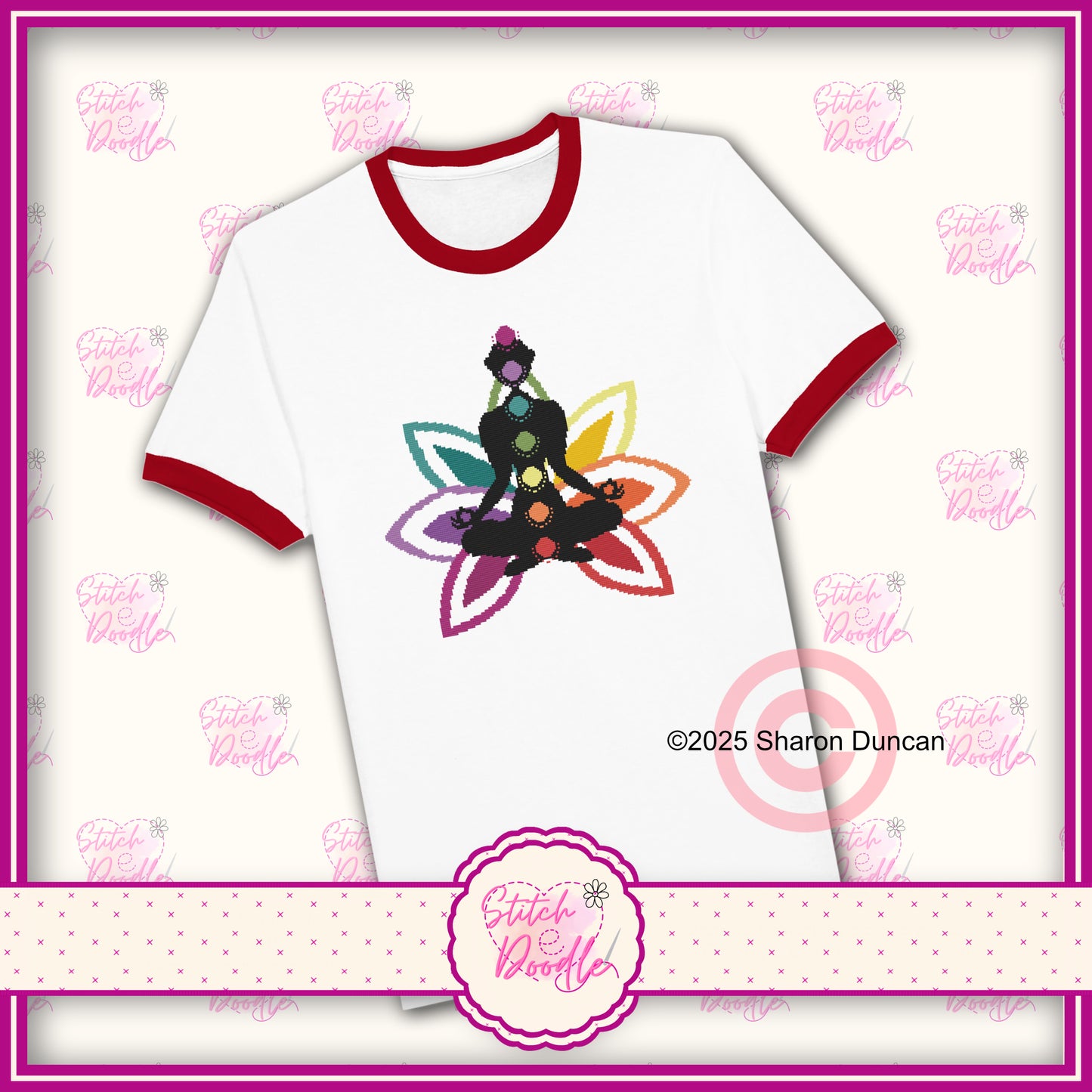 Chakra Lotus cross stitch effect motif - Unisex Ringer T-shirt