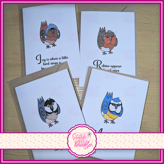 Chirpy Chums notelets.  Set of 4.  Send sweet sentiments to friends and family. Original artwork.