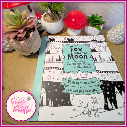 Colouring Book.   Fox Under The Moon for all ages.  35 mindful designs