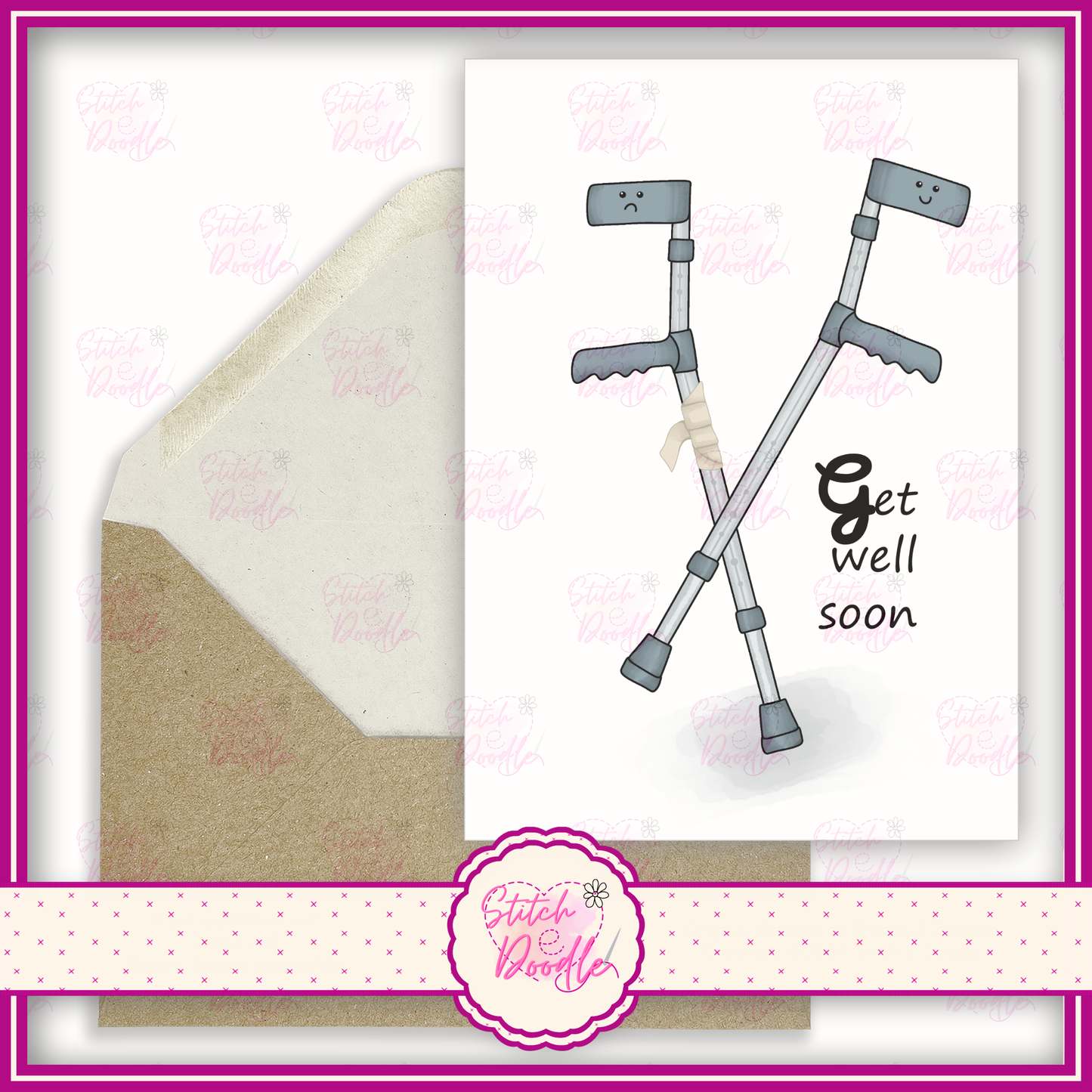 Comical Crutches 'Get well soon'.  A6 Greeting Card and Envelope.