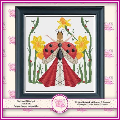 Beautiful and Elegant Cross Stitch Chart featuring Ladybug Maiden. PDF and Pattern Keeper compatible. DMC floss. Includes printable tracker.