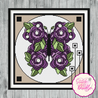 Nouveau Rose Butterfly.  Deco Style Cross Stitch Chart.  PDF and Pattern Keeper.  Includes printable tracker.