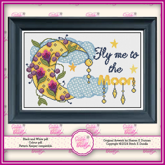 Magical Fly Me To The Moon Cross Stitch Chart.  PDF and Pattern Keeper.  Includes printable tracker.  Instant Download.