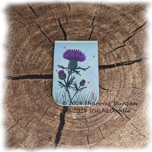 Beautiful Scottish Thistle Double sided Laminated Magnetic Bookmark.  Original digital painting by Sharon Duncan.