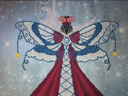 Beautiful Elegant Cross Stitch Chart featuring Scarlet Moth Maiden. PDF & Pattern Keeper compatible. DMC floss. Includes printable tracker.