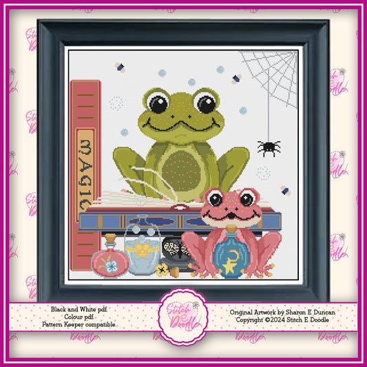 Majestic Froggie Magical Halloween Cross Stitch Chart.  PDF and Pattern Keeper.  DMC floss. Includes printable tracker.  Instant Download.