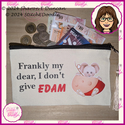 Secret Santa, Pencil case, Make up bag, Coin purse etc with tassel.  'Frankly my dear, I don't give Edam'. Original artwork by Sharon Duncan