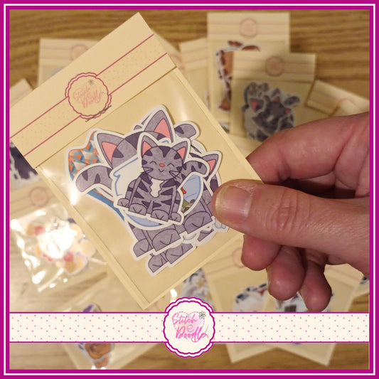 GREY CAT Glossy Vinyl Sticker Packs. 12 stickers per pack. Cute, Fun and Durable. Decorate journals, planners & more..