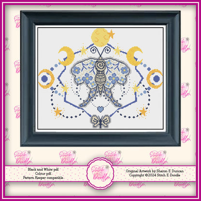 Lunar Moth Mystical Cross Stitch Chart.  PDF and Pattern Keeper.  DMC floss.  Includes printable tracker.  Instant Download.