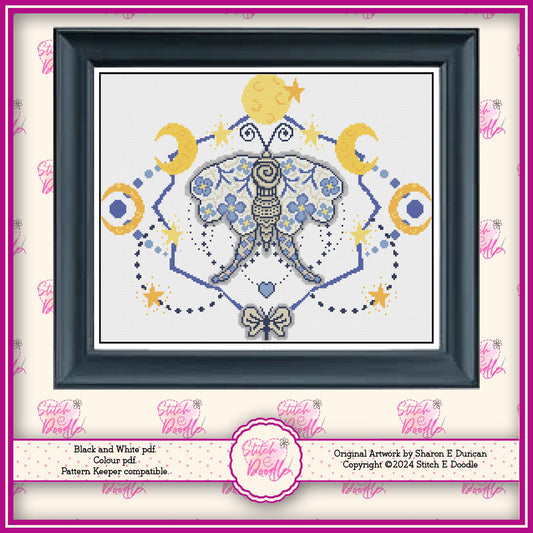 Lunar Moth Mystical Cross Stitch Chart.  PDF and Pattern Keeper.  DMC floss.  Includes printable tracker.  Instant Download.