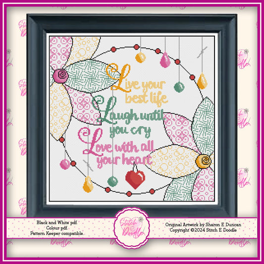 Live Laugh Love Sampler Inspirational Cross Stitch Chart.  PDF and Pattern Keeper.  Includes printable tracker.  Instant Download.