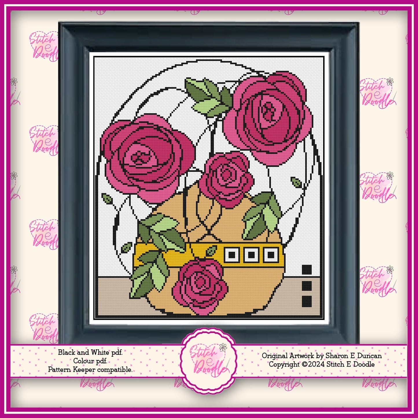 Nouveau Rose Deco Style Cross Stitch Chart.  Pink Rose. PDF and Pattern Keeper.  DMC floss.  Includes printable tracker. Instant Download.