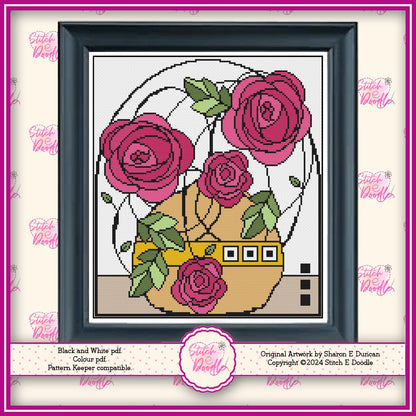 Nouveau Rose Deco Style Cross Stitch Chart.  Pink Rose. PDF and Pattern Keeper.  DMC floss.  Includes printable tracker. Instant Download.