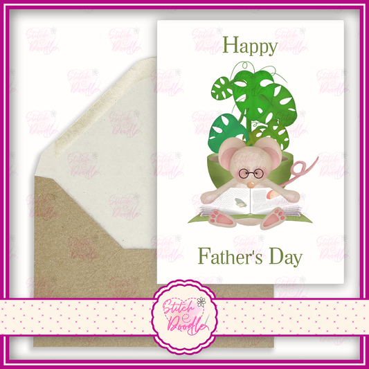 Tiddle Mouse with cheese plant in green pot. 'Happy Father's Day'.  A6 Greeting Card and Envelope.