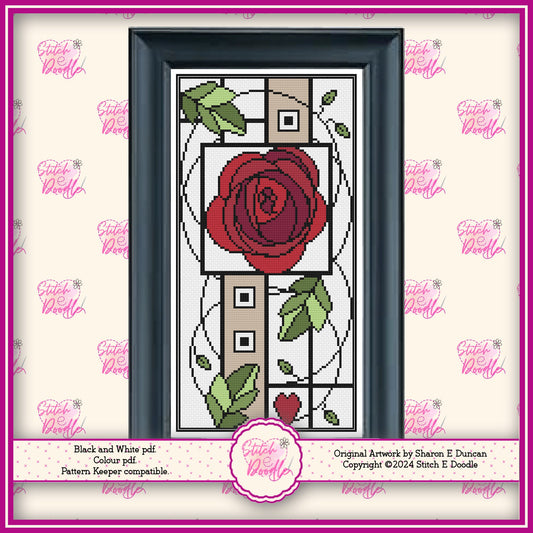 Nouveau Rose Deco Style Cross Stitch Chart.  Red Rose. PDF and Pattern Keeper.  DMC floss.  Includes printable tracker.  Instant Download.