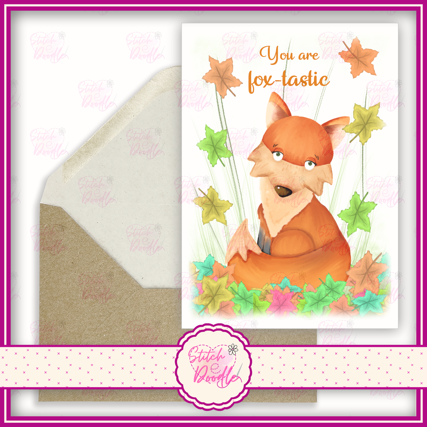 Adorable fox in leaves 'You are fox-tastic'.  A6 Greeting Card and Envelope.