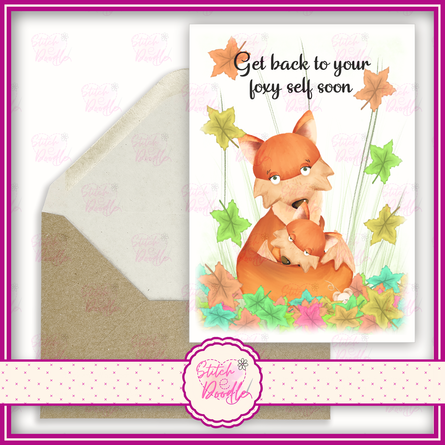 Adorable fox in leaves 'Get back to your foxy self soon'.  A6 Greeting Card and Envelope.