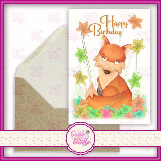 Adorable fox in leaves 'Happy Birthday'.  A6 Greeting Card and Envelope.