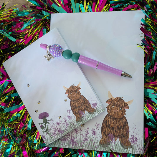 Gift Set - Highland Cow and Thistle Notepad and Beaded Pen - SAVE 22%