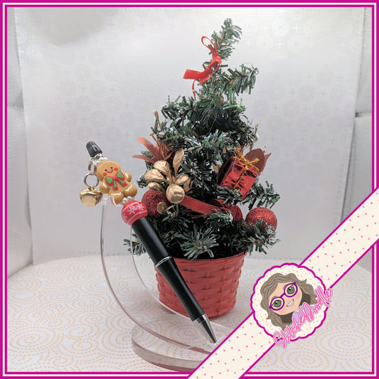 Gingerbread Jingle Christmas Handmade Beaded Pen with Bell Charm - Stocking Filler
