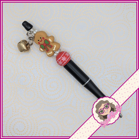 Gingerbread Jingle Christmas Handmade Beaded Pen with Bell Charm - Stocking Filler