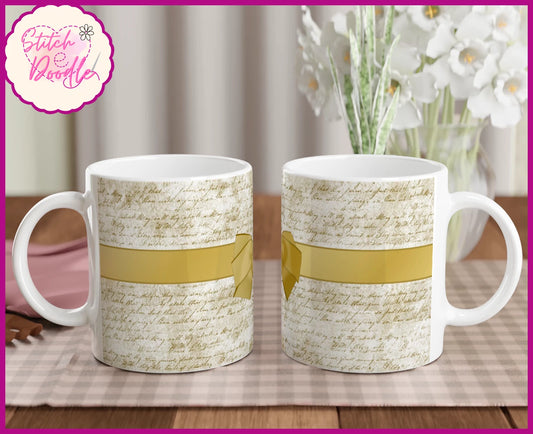 Elegant Script and Ribbon Mug - 11oz Ceramic Coffee Mug - Available in Gold or Silver