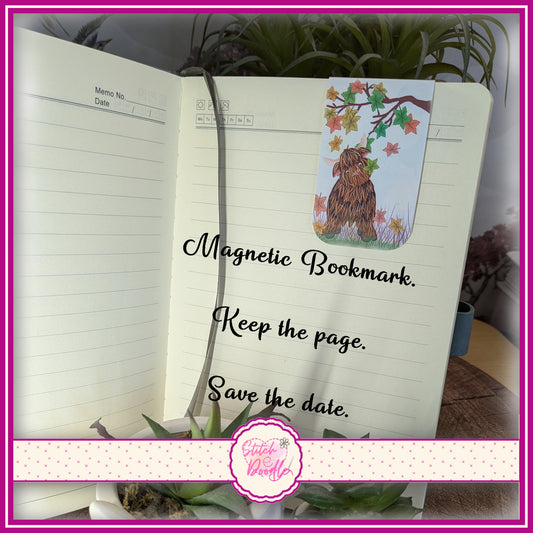 Highland Hamish in Autumn Leaves Magnetic Bookmark.