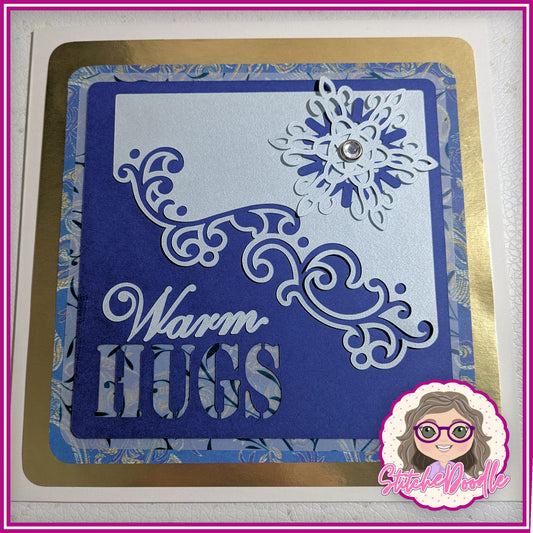 Warm Hugs in Blue Handmade Christmas Card with embellishments - Large 7" x 7" card and envelope