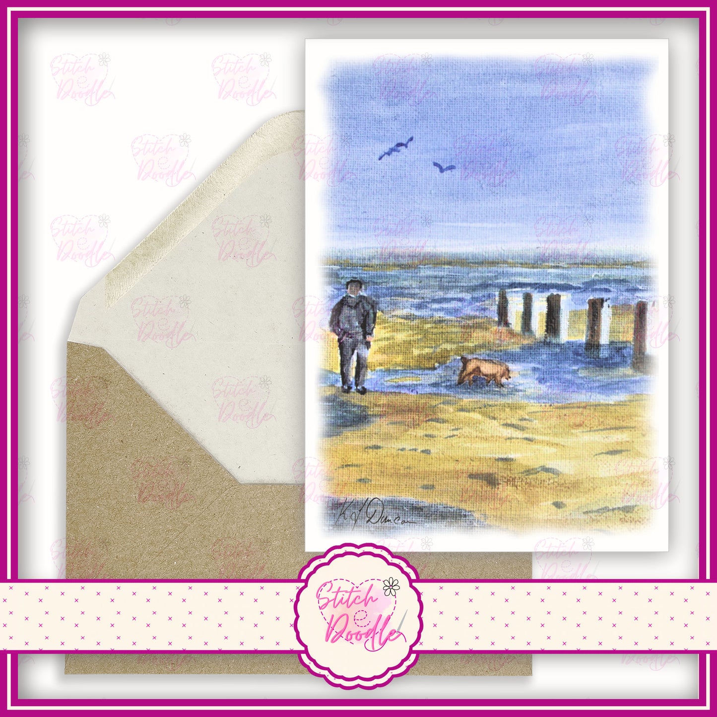 Scenic painting by Kenneth Duncan.  Beach walk.  A6 Greeting Card and Envelope.