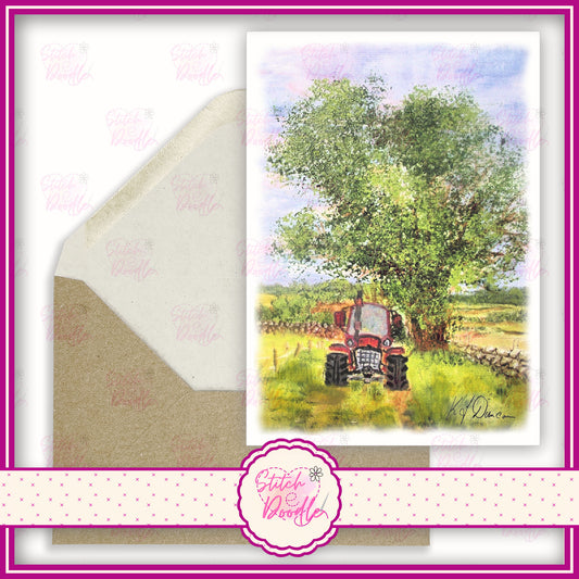 Scenic painting by Kenneth Duncan.  Little red tractor.  A6 Greeting Card and Envelope.