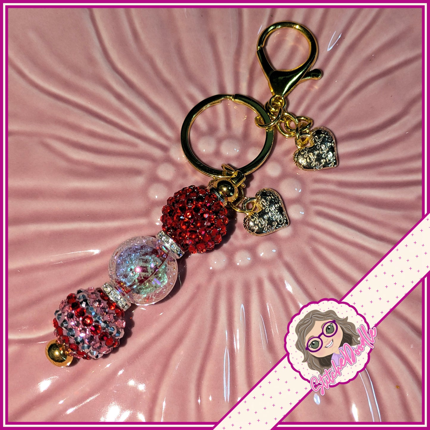 Two Hearts Beaded Keyring/Scissor Fob or Bag Charm in Red and Gold - Ideal Gift