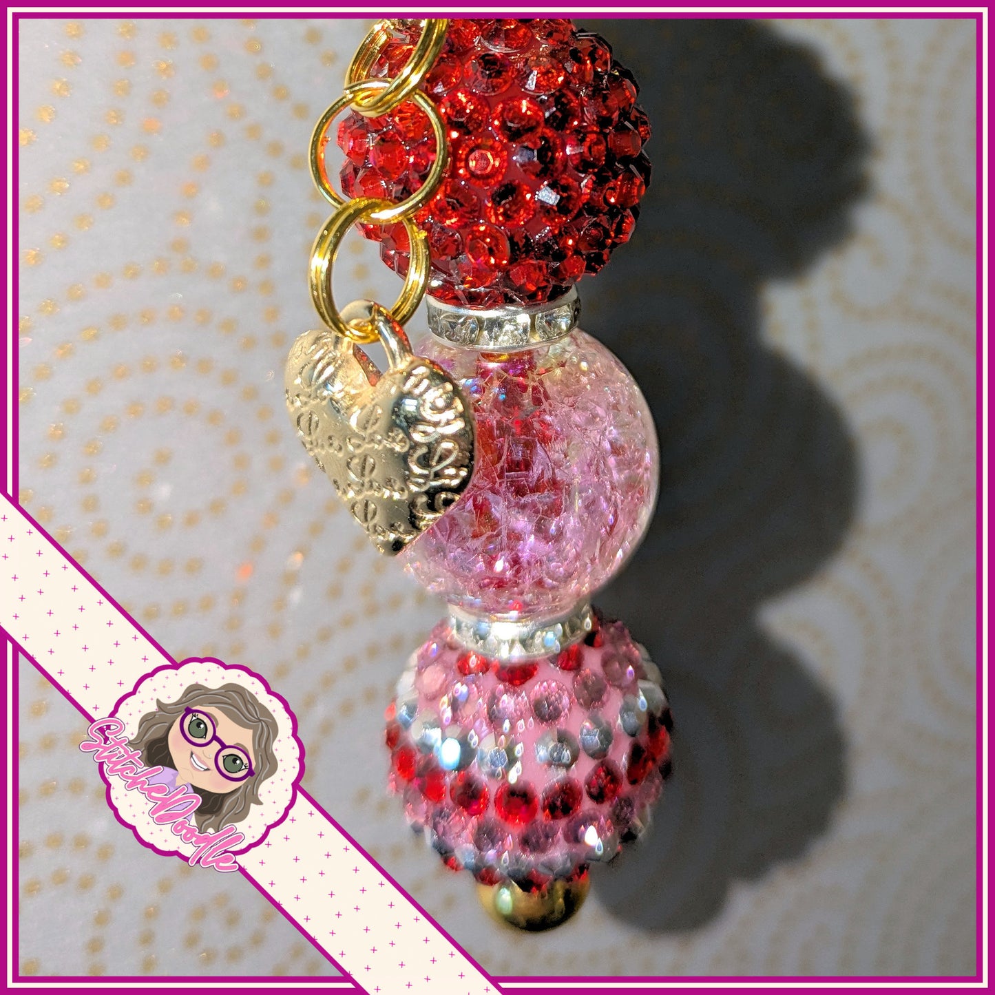 Two Hearts Beaded Keyring/Scissor Fob or Bag Charm in Red and Gold - Ideal Gift