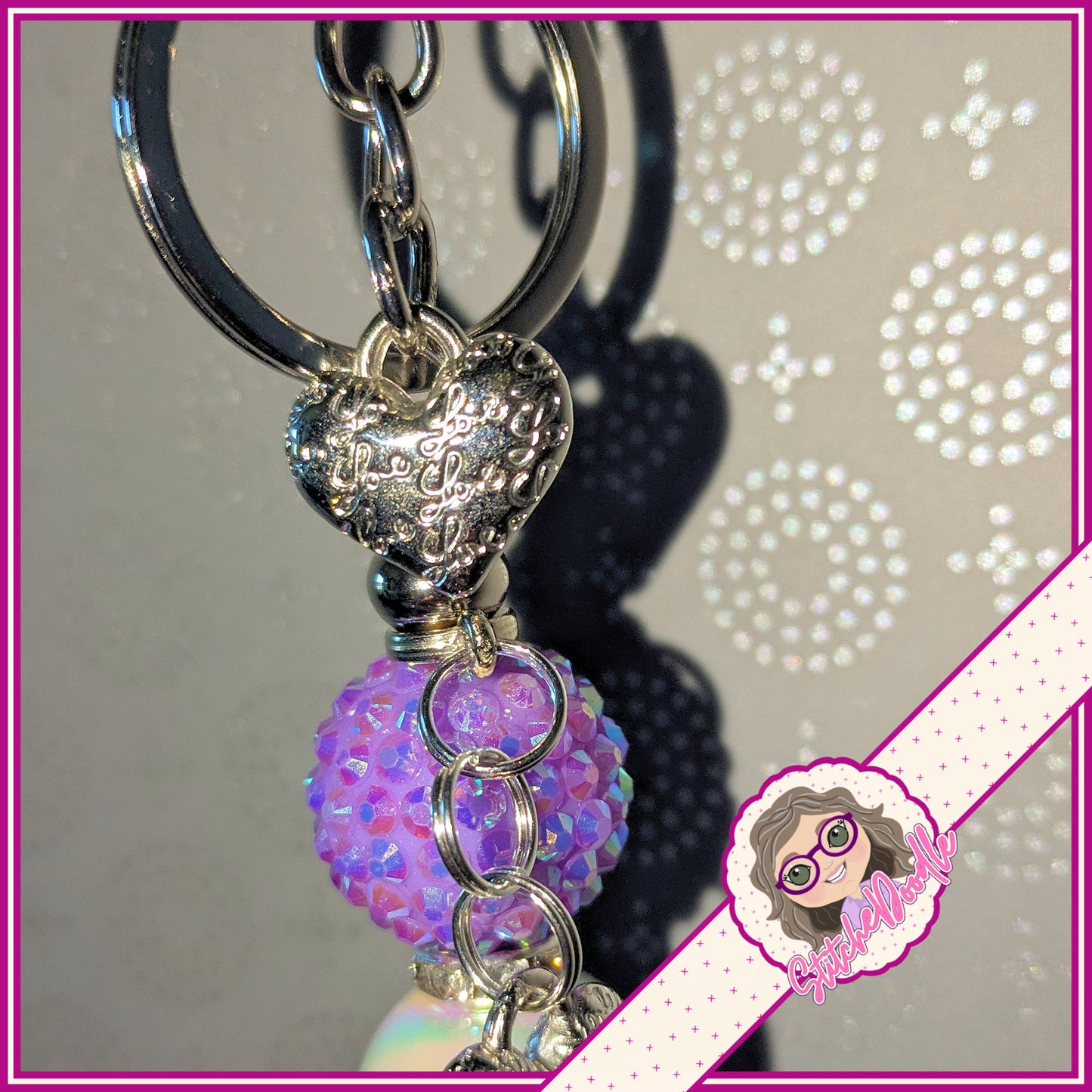 Two Hearts Beaded Keyring/Scissor Fob or Bag Charm in Lilac and Silver - Ideal Gift