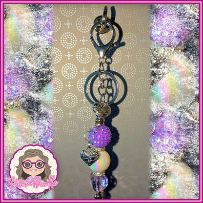 Two Hearts Beaded Keyring/Scissor Fob or Bag Charm in Lilac and Silver - Ideal Gift