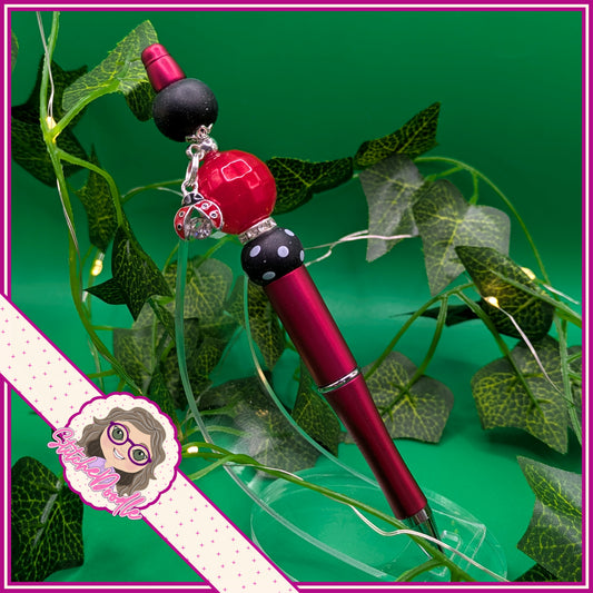 Red Ladybug Love Handmade Beaded Pen with Charm and Black Velvet Pouch