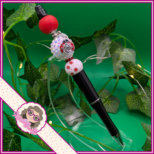 Black Ladybug Love Handmade Beaded Pen with Charm and Red Velvet Pouch