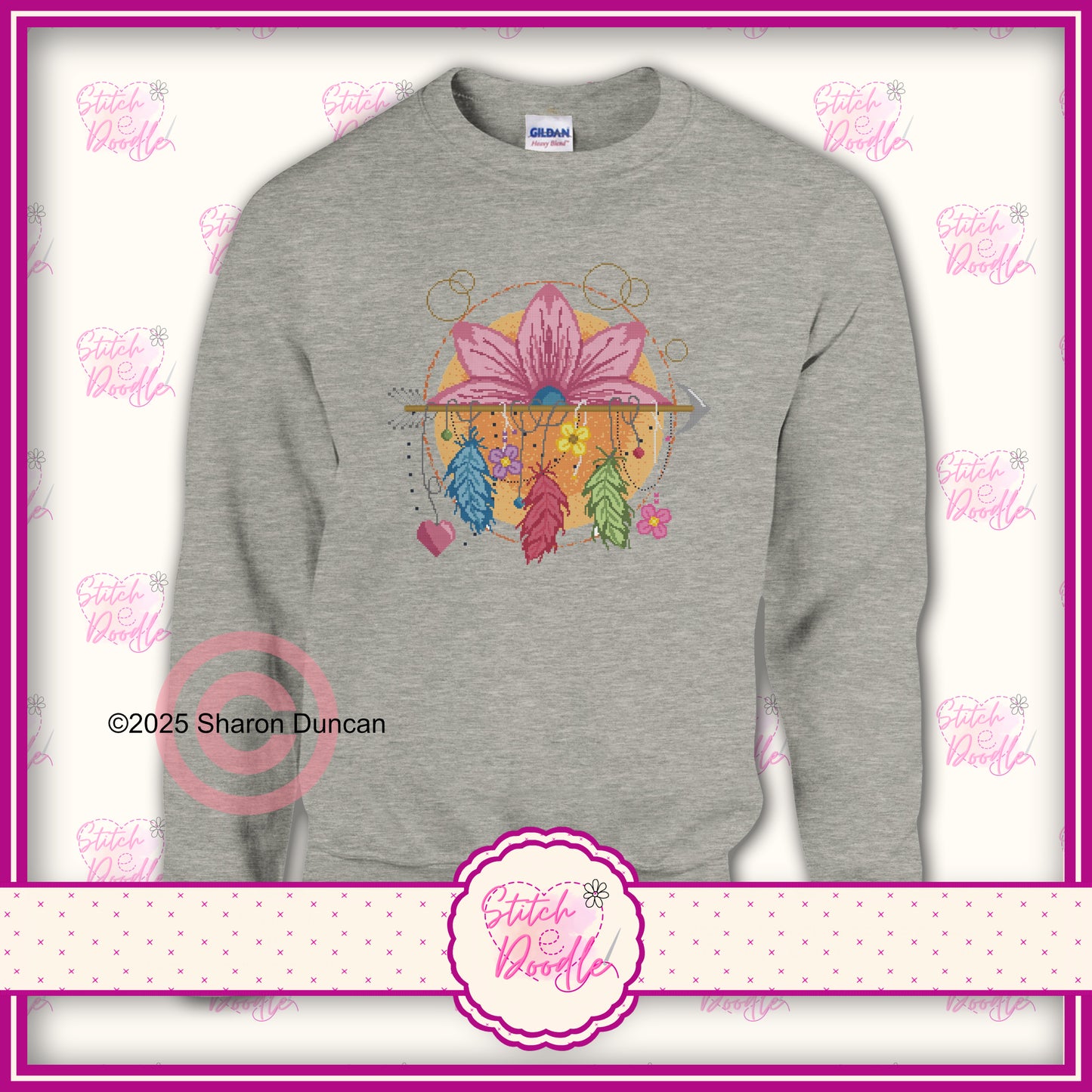 Lotus Dreamcatcher cross stitch effect motif -  Classic Unisex Crewneck Sweatshirt.  50/50 Cotton/Polyester