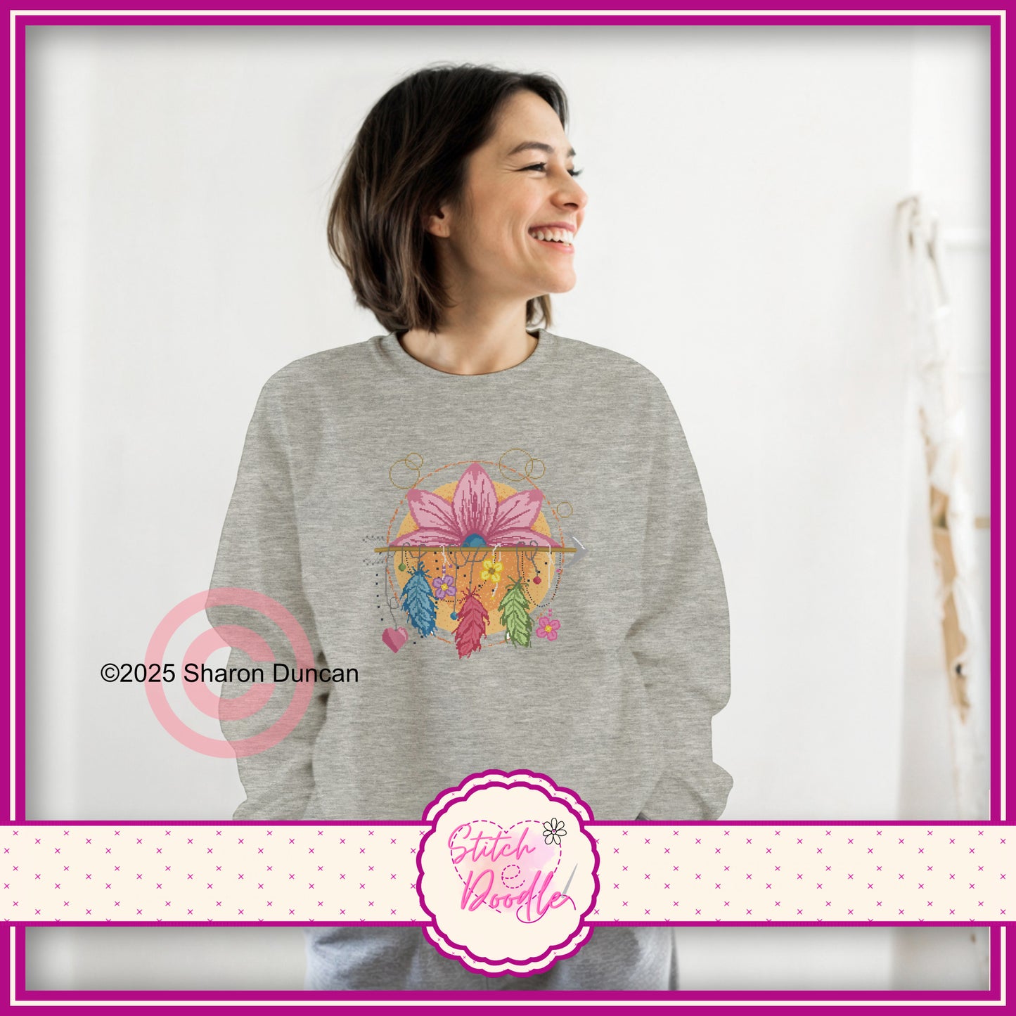Lotus Dreamcatcher cross stitch effect motif -  Classic Unisex Crewneck Sweatshirt.  50/50 Cotton/Polyester
