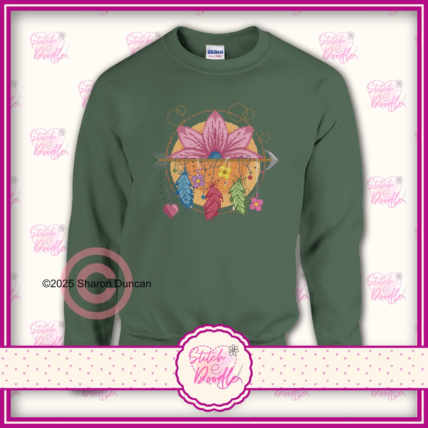 Lotus Dreamcatcher cross stitch effect motif -  Classic Unisex Crewneck Sweatshirt.  50/50 Cotton/Polyester