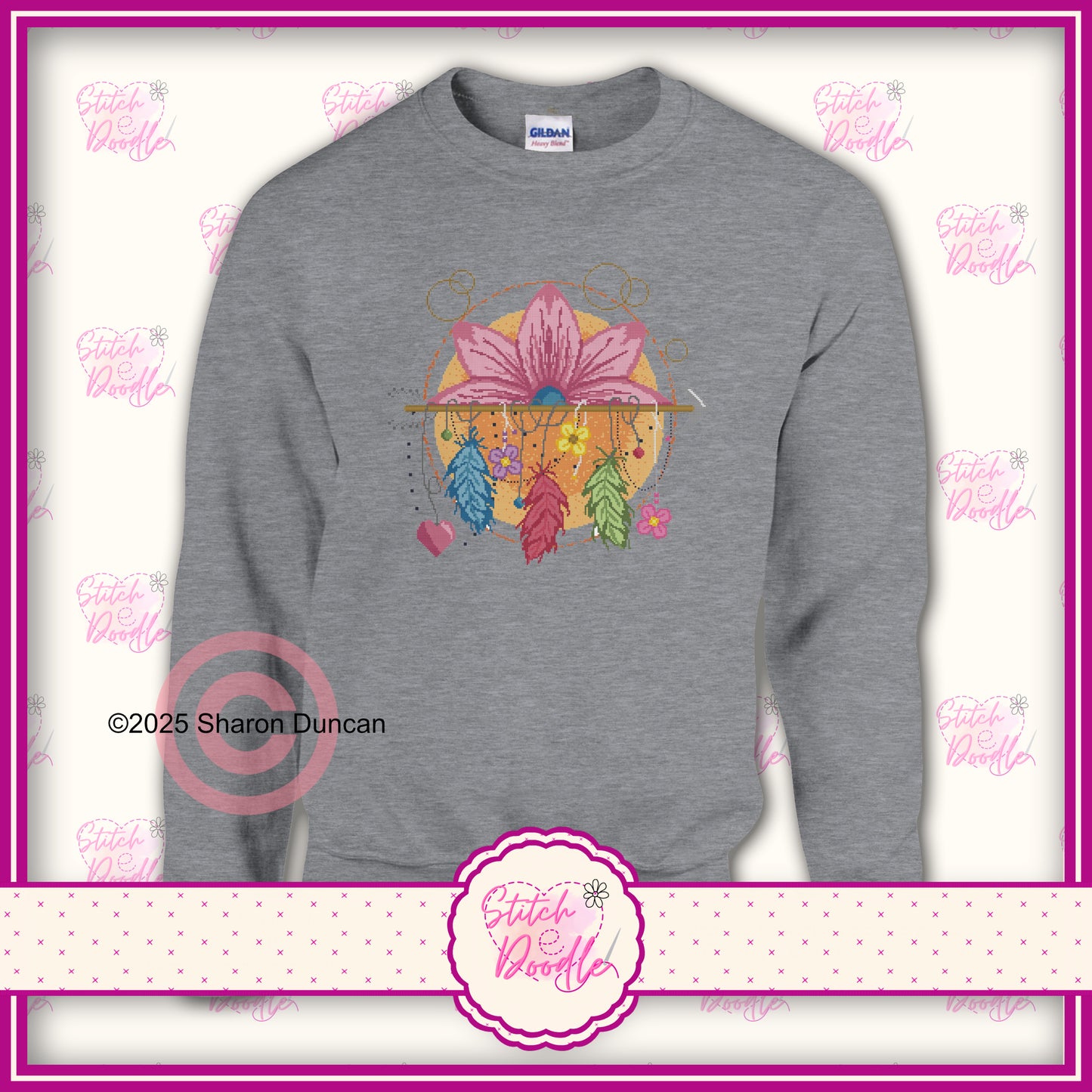 Lotus Dreamcatcher cross stitch effect motif -  Classic Unisex Crewneck Sweatshirt.  50/50 Cotton/Polyester