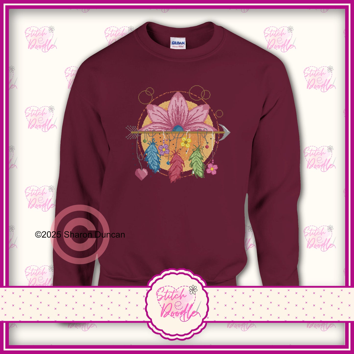 Lotus Dreamcatcher cross stitch effect motif -  Classic Unisex Crewneck Sweatshirt.  50/50 Cotton/Polyester