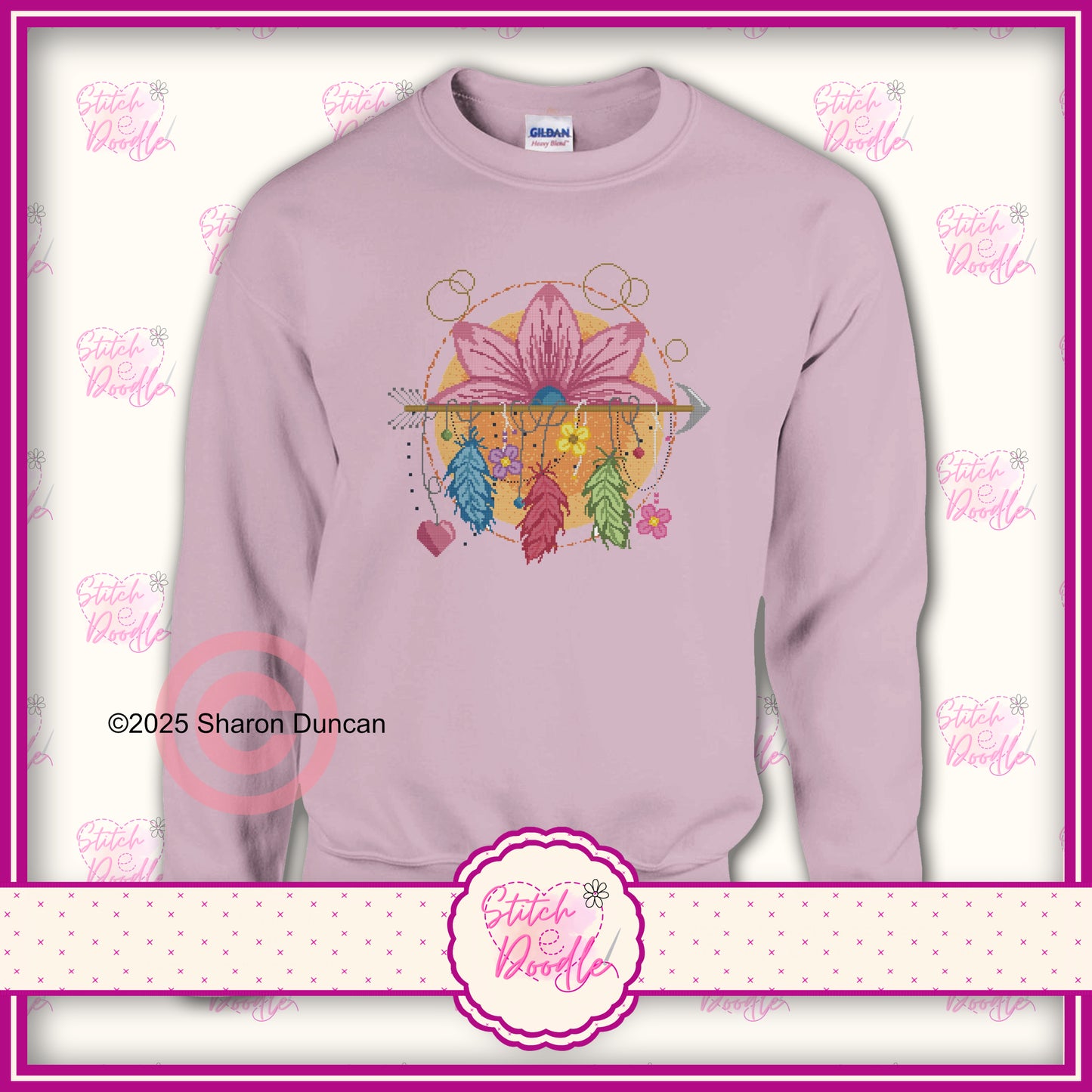 Lotus Dreamcatcher cross stitch effect motif -  Classic Unisex Crewneck Sweatshirt.  50/50 Cotton/Polyester