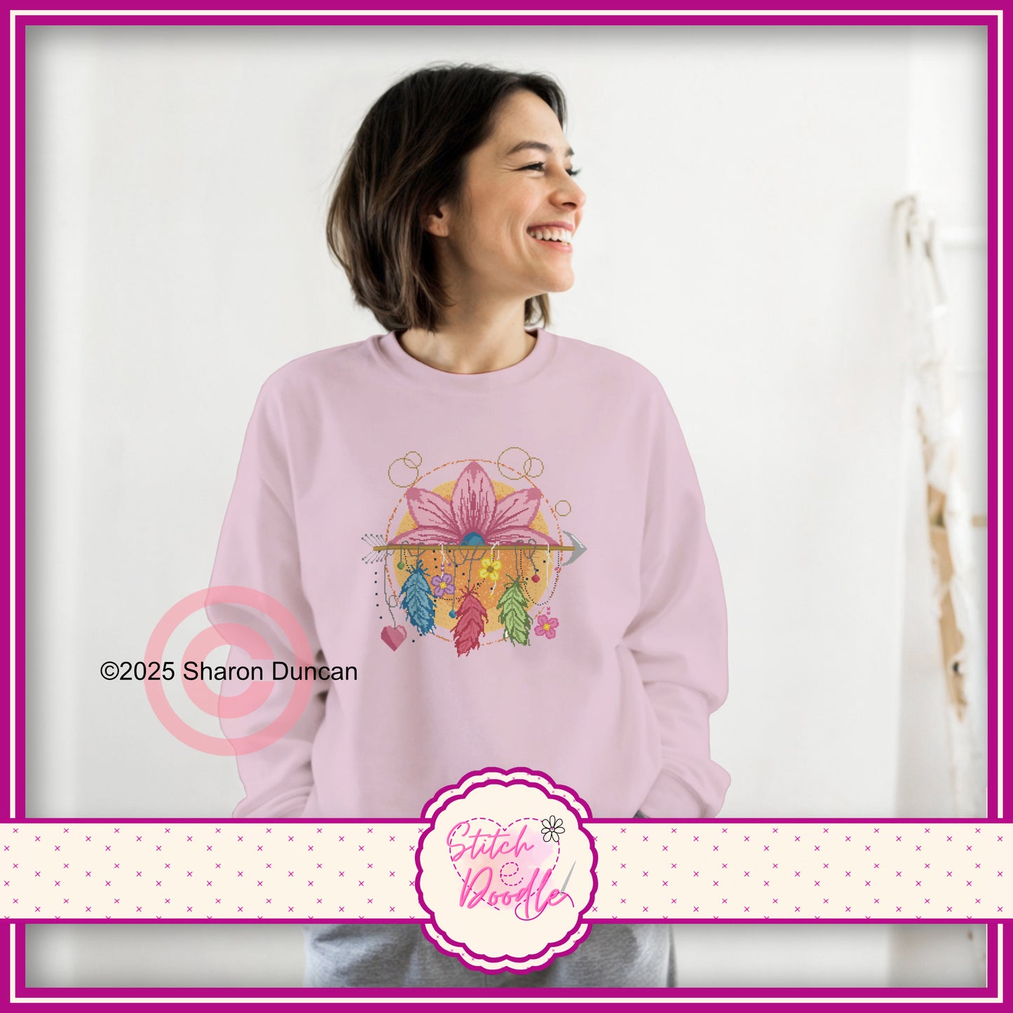 Lotus Dreamcatcher cross stitch effect motif -  Classic Unisex Crewneck Sweatshirt.  50/50 Cotton/Polyester