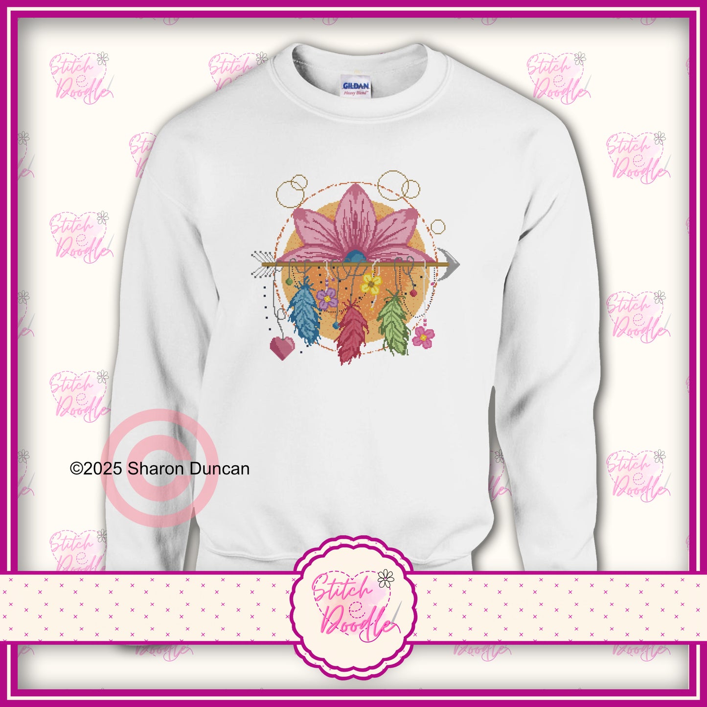 Lotus Dreamcatcher cross stitch effect motif -  Classic Unisex Crewneck Sweatshirt.  50/50 Cotton/Polyester