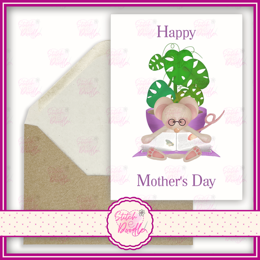 Tiddle Mouse with cheese plant in purple pot. 'Happy Mother's Day'.  A6 Greeting Card and Envelope.