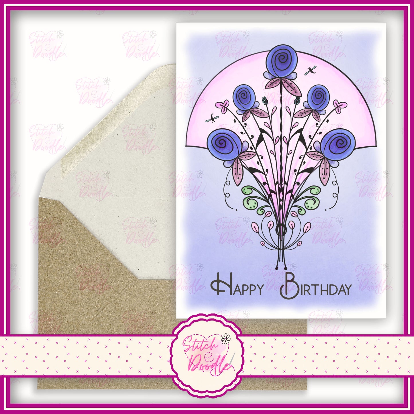 Nouveau rose blue bouquet. 'Happy Birthday'.  A6 Greeting Card and Envelope.