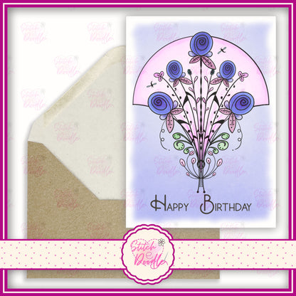 Nouveau rose blue bouquet. 'Happy Birthday'.  A6 Greeting Card and Envelope.