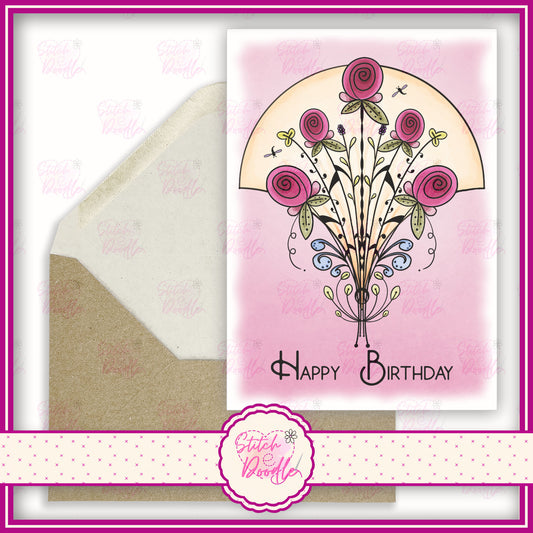 Nouveau rose pink bouquet. 'Happy Birthday'.  A6 Greeting Card and Envelope.